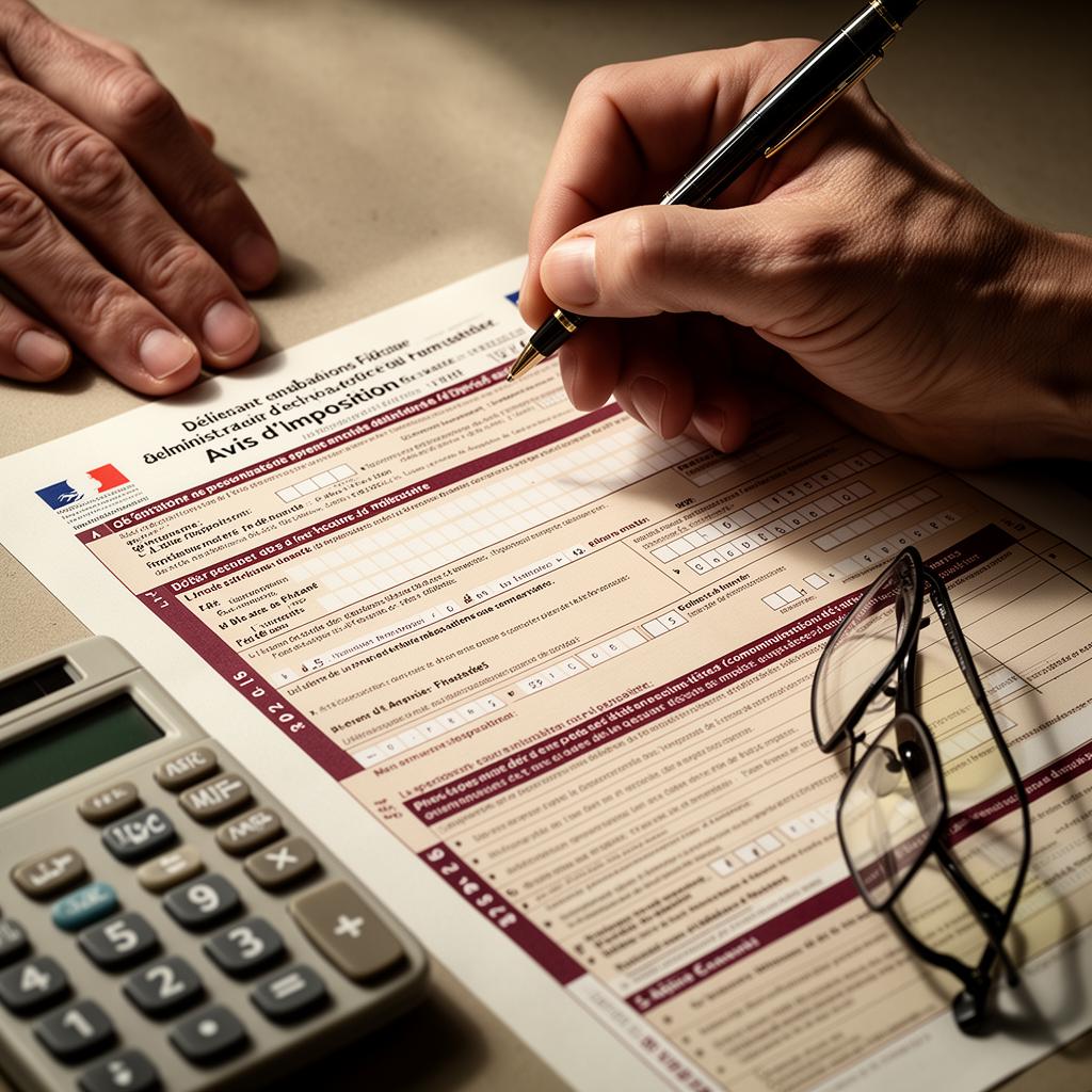 Déclaration d'impôts française, avis d'imposition, calculatrice et stylo